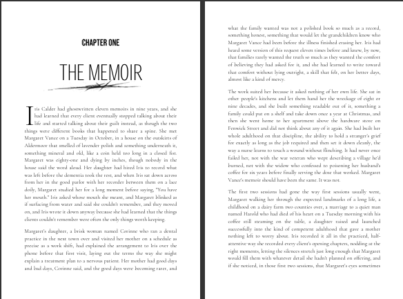 The Names She Kept: Chapter one and facing page. Chapter typography, a drop cap and a consistent reading layout.