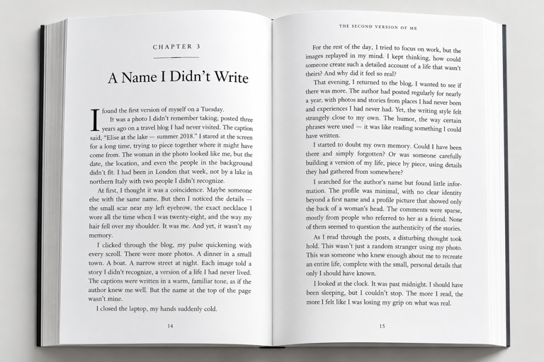 Open-book formatting sample: Chapter 3: A Name I Didn’t Write. An open-book mockup showing chapter typography and a continuous spread.