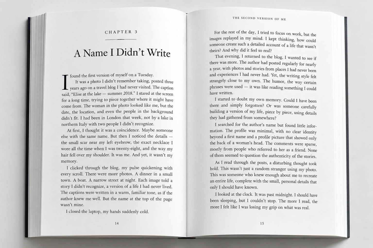 Open-book formatting sample: Chapter 3: A Name I Didn’t Write. An open-book mockup showing chapter typography and a continuous spread.