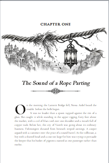 The Seventh Binding: Chapter one. An illustrated opening, a clear chapter title and a drop cap.