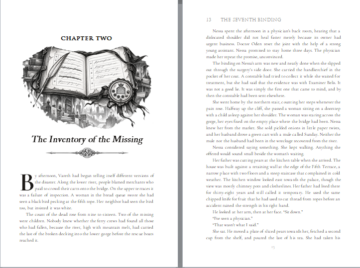 The Seventh Binding: Chapter two and facing page. An illustrated chapter opening alongside the body-text layout.