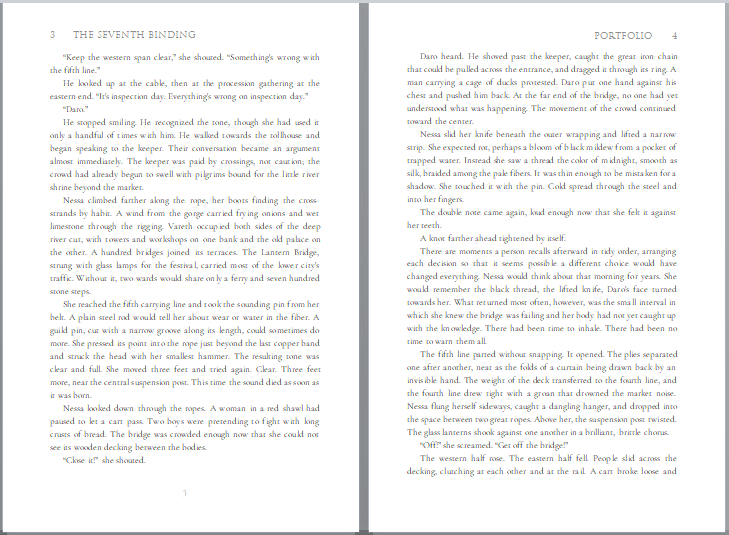 The Seventh Binding: Body-text spread. Running heads, page numbers and consistent text alignment.