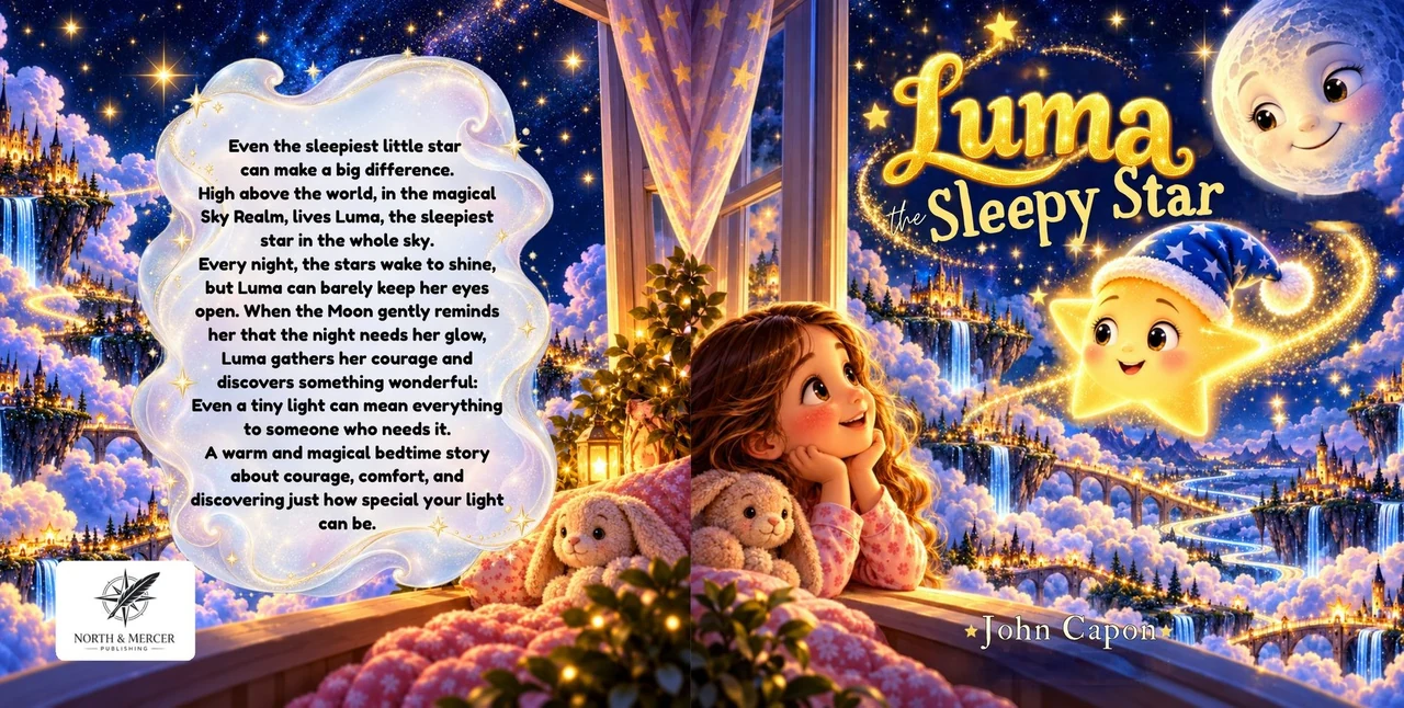 Final full paperback cover wrap for Luma the Sleepy Star, showing the back cover, spine and front cover