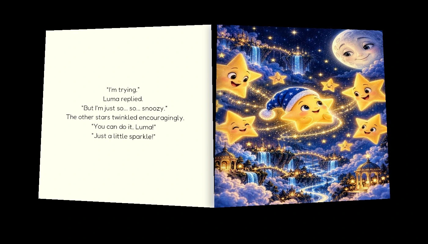 Finished Luma interior spread with a readable text page beside a supplied story illustration